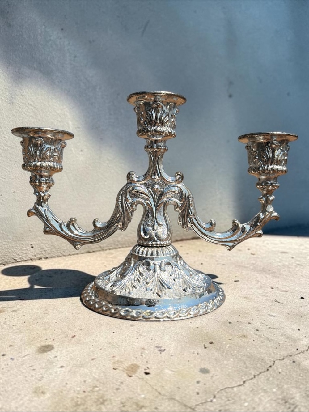 Ornate Silver Three-Arm Candelabra Decorative Centerpiece